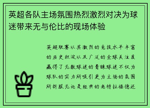 英超各队主场氛围热烈激烈对决为球迷带来无与伦比的现场体验