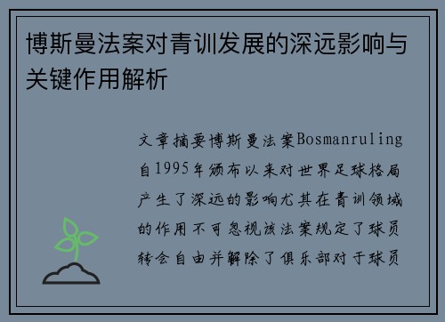 博斯曼法案对青训发展的深远影响与关键作用解析